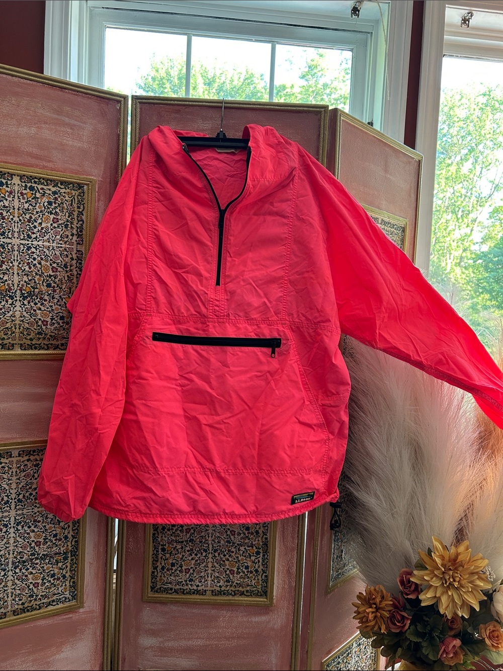 Vintage 90s L.L. Bean Neon Pink Pullover Raincoat with Front Zip Pocket